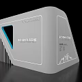 Modern Exhibition Island Design With White Body Blue Triangle STRONG VISION Text And Chart Patterns
