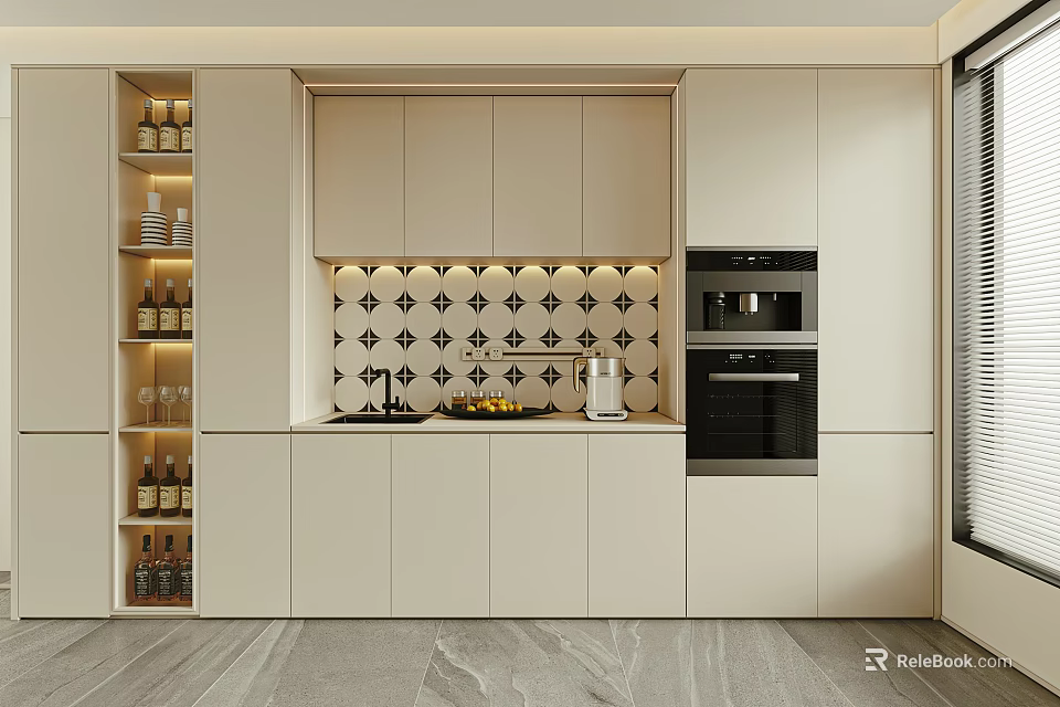 Modern Beige Sideboard with Wine Rack Diamond Tile Backsplash and Built-in Oven 3d model 
