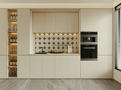 Modern Beige Sideboard with Wine Rack Diamond Tile Backsplash and Built-in Oven 3d model