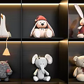 Stuffed Animal Toys Collection Display On Black Shelves With Various Figures