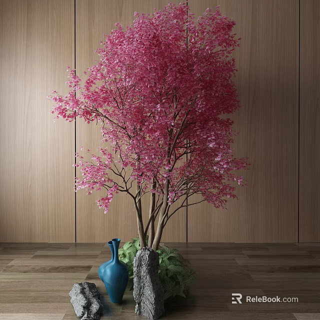 Pink Blossom Arbor Against Wooden Wall With Blue Vase Rocks And Greenery 3d model 