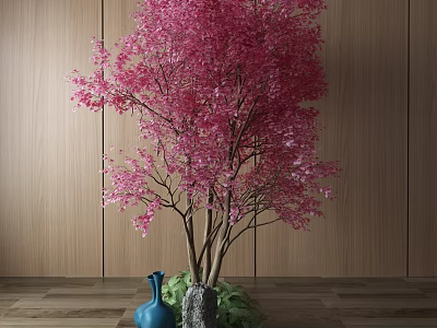 Pink Blossom Arbor Against Wooden Wall With Blue Vase Rocks And Greenery 3d model