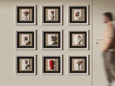 Photo Wall With Framed Sculptural Busts In Grid Arrangement On Light Colored Wall 3d model