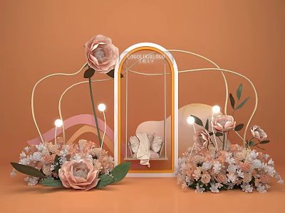 Peach Roses Golden Arch Decor With Butterfly String Lights And Floral Arrangements 3d model