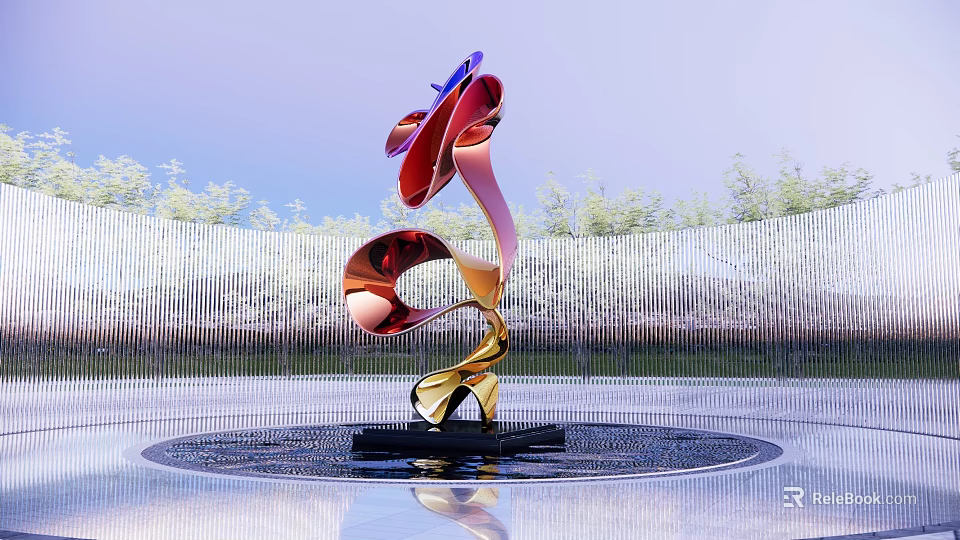 Modern Colorful Curved Metallic Sculpture In Outdoor Space With Reflective Ground And Trees 3d model 