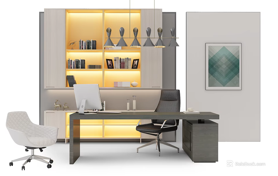 Modern Office Desk With Monitor Books Decorative Shelves Pendant Lights Chair And Artwork 3d model 