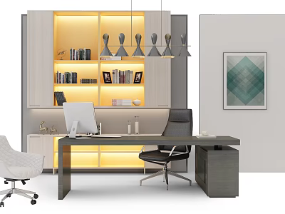 Modern Office Desk With Monitor Books Decorative Shelves Pendant Lights Chair And Artwork 3d model