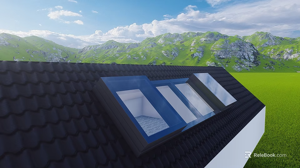 Residential Building Roof With Skylights Green Mountains Blue Sky And Green Grass 3d model 