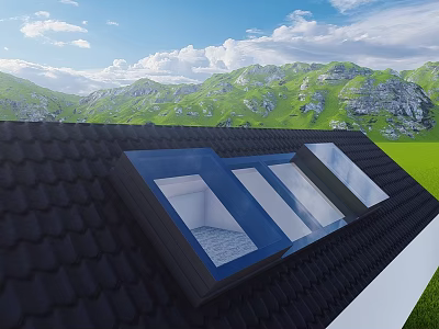 Residential Building Roof With Skylights Green Mountains Blue Sky And Green Grass 3d model