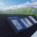 Residential Building Roof With Skylights Green Mountains Blue Sky And Green Grass