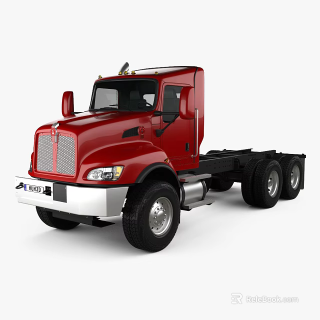 Red Heavy Duty Truck Cab With Chassis Grille And Large Wheels 3d model 
