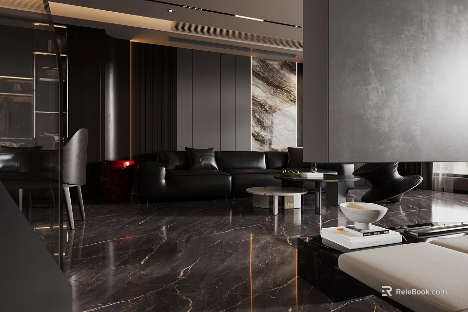 Modern Luxury Living Dining Room With Black Sofa Marble Floor Coffee Table And Wall Art 3d model 