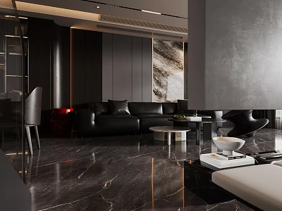 Modern Luxury Living Dining Room With Black Sofa Marble Floor Coffee Table And Wall Art 3d model