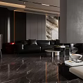 Modern Luxury Living Dining Room With Black Sofa Marble Floor Coffee Table And Wall Art