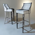 Two Stylish Bar Stools With Patterned Upholstery Dark Wooden Legs And Metal Footrest