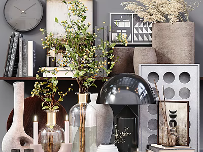 Modern Decorative Ornament Set With Glass Vases Green Plants Framed Art Books And Clock 3d model