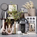 Modern Decorative Ornament Set With Glass Vases Green Plants Framed Art Books And Clock