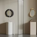 Modern Minimalist Bathroom Interior With White Vanity And Decorative Mirrors