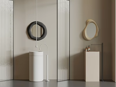 Modern Minimalist Bathroom Interior With White Vanity And Decorative Mirrors 3d model