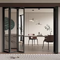 Bi fold Glass Doors with Black Frame in Modern Dining Area Wooden Floor Pendant Lights