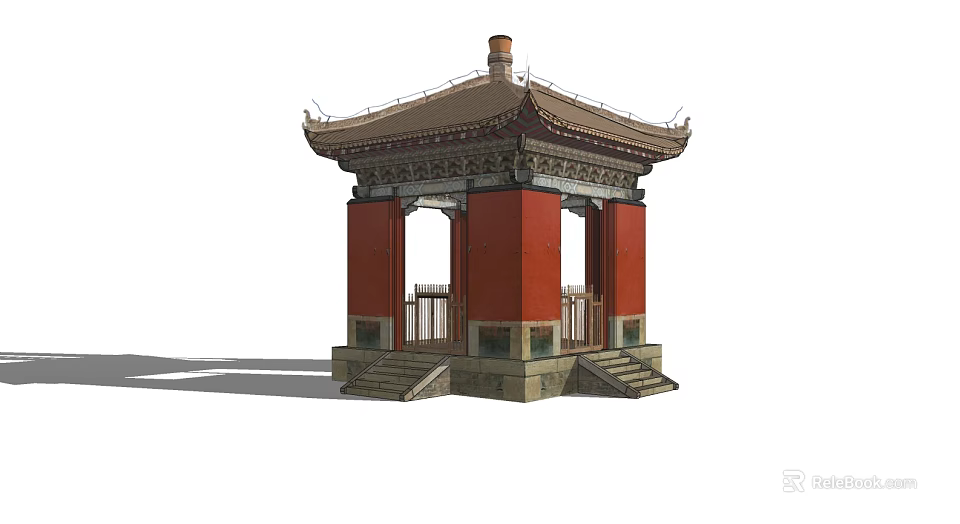 Traditional Chinese Pavilion With Red Pillars Yellow Roof And Carved Stone Steps 3d model 