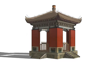 Traditional Chinese Pavilion With Red Pillars Yellow Roof And Carved Stone Steps 3d model