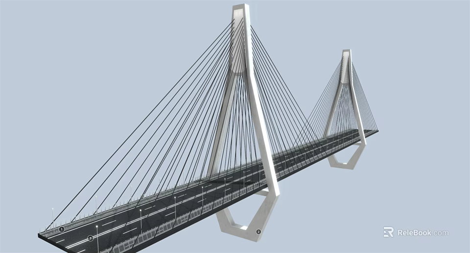 Modern Cable Stayed Bridge With White Geometric Towers And Steel Cables On Gray Road Deck 3d model 