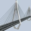 Modern Cable Stayed Bridge With White Geometric Towers And Steel Cables On Gray Road Deck