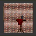 Modern Interior Scene With Red Brick Wall Window Small Table Kettle And Red Cloth