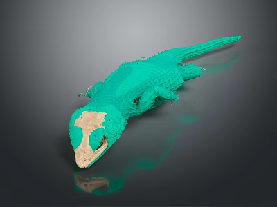 Green Lizard with Light Colored Head and Green Scales on Dark Reflective Surface 3d model