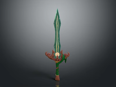 Fantasy Sword With Green White Striped Blade And Carved Brown Hilt 3d model