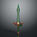 Fantasy Sword With Green White Striped Blade And Carved Brown Hilt