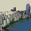 Waterfront Commercial Street With Modern Buildings Palm Trees And Pedestrian Area