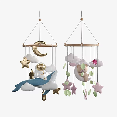 Cute Baby Mobile With Golden Moon Stars Clouds Astronaut Whale Pink Flower Green Leaves 3d model