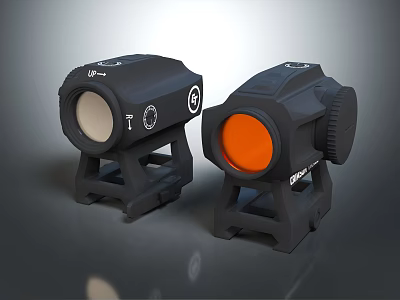 Black Tactical Optic Sights With White And Orange Lens Covers On Mounts 3d model