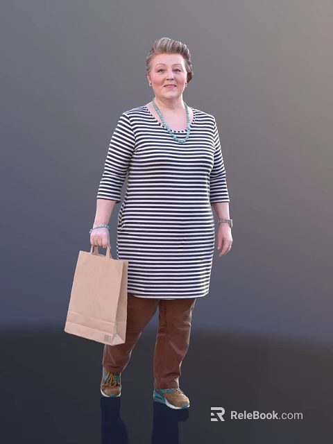 Elderly Woman In Black White Striped Dress Holding Brown Paper Bag Wearing Necklace And Bracelet 3d model 