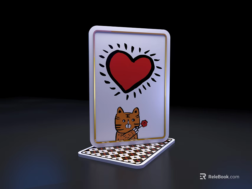 Decorative Card With Red Heart Cat Holding Rose On Checkerboard Base 3d model 