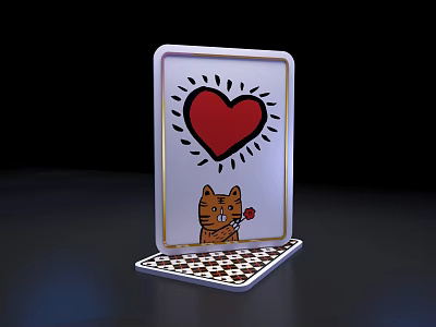 Decorative Card With Red Heart Cat Holding Rose On Checkerboard Base 3d model