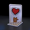 Decorative Card With Red Heart Cat Holding Rose On Checkerboard Base