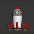 Red And White Space Rocket Model With Red Thrusters And Blue Circular Windows