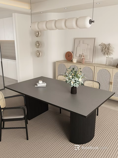 Modern Restaurant Dining Table With Floral Centerpiece And Woven Chairs 3d model 