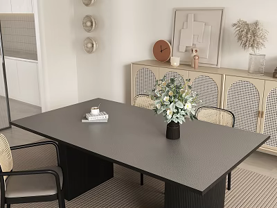 Modern Restaurant Dining Table With Floral Centerpiece And Woven Chairs 3d model