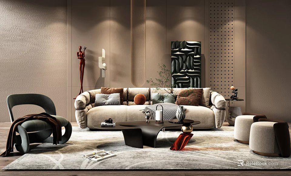 Modern Luxury Beige Sofa And Coffee Table Set With Pillows Artwork And Decorative Rug 3d model 