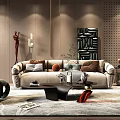 Modern Luxury Beige Sofa And Coffee Table Set With Pillows Artwork And Decorative Rug