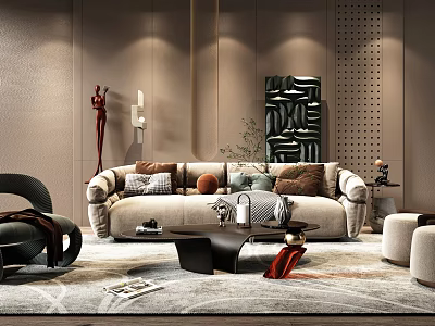 Modern Luxury Beige Sofa And Coffee Table Set With Pillows Artwork And Decorative Rug 3d model