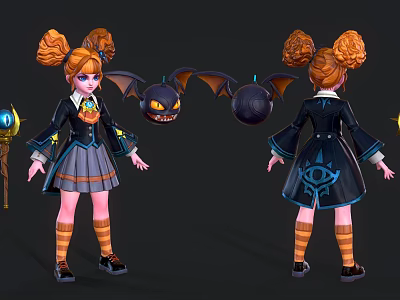 Anime Game Character With Orange Pigtails Black Coat Gray Skirt Eye Symbol Back Pumpkin Bat 3d model