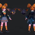 Anime Game Character With Orange Pigtails Black Coat Gray Skirt Eye Symbol Back Pumpkin Bat