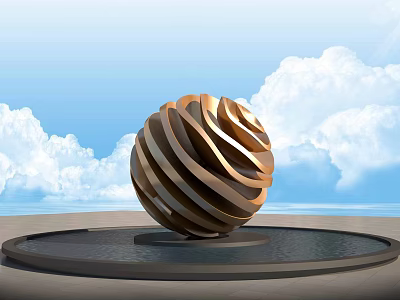 Garden Ornament Golden Spiral Sphere On Black Circular Base With Blue Sky White Clouds 3d model