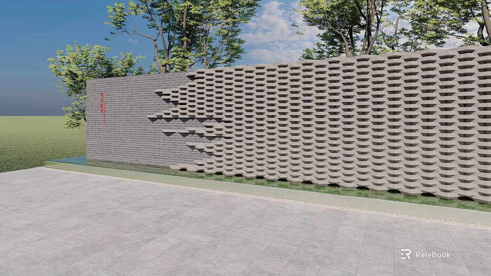 Outdoor Landscape Wall With Layered Brick Pattern Green Trees And Blue Sky 3d model 