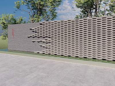 Outdoor Landscape Wall With Layered Brick Pattern Green Trees And Blue Sky 3d model